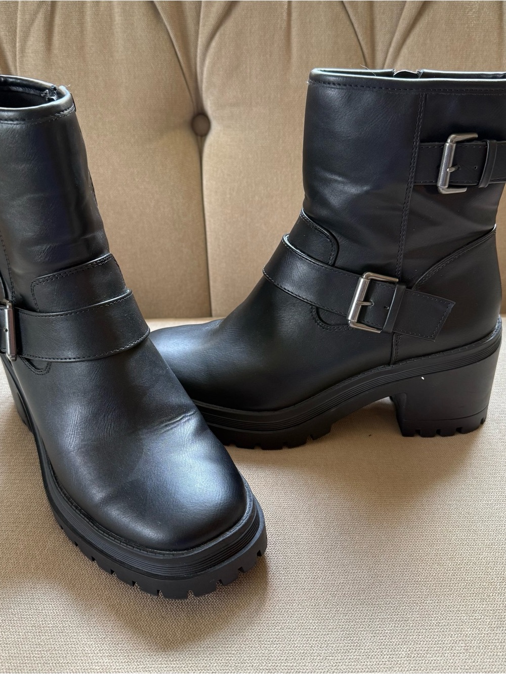 Esprit Black Leather Platform Buckle Moto Boots
